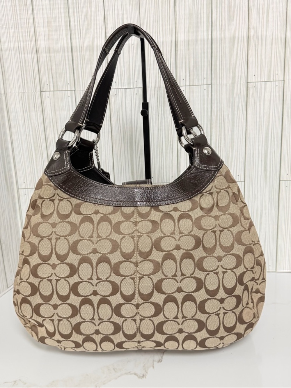 Coach Brown Signature Shoulder Bag with Dark Brown Leather Trim - Picture 6 of 16